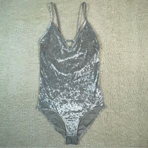 Flirtitude Silver Crushed Velvet Strappy Back Bodysuit Y2K Fairy Grunge Festival